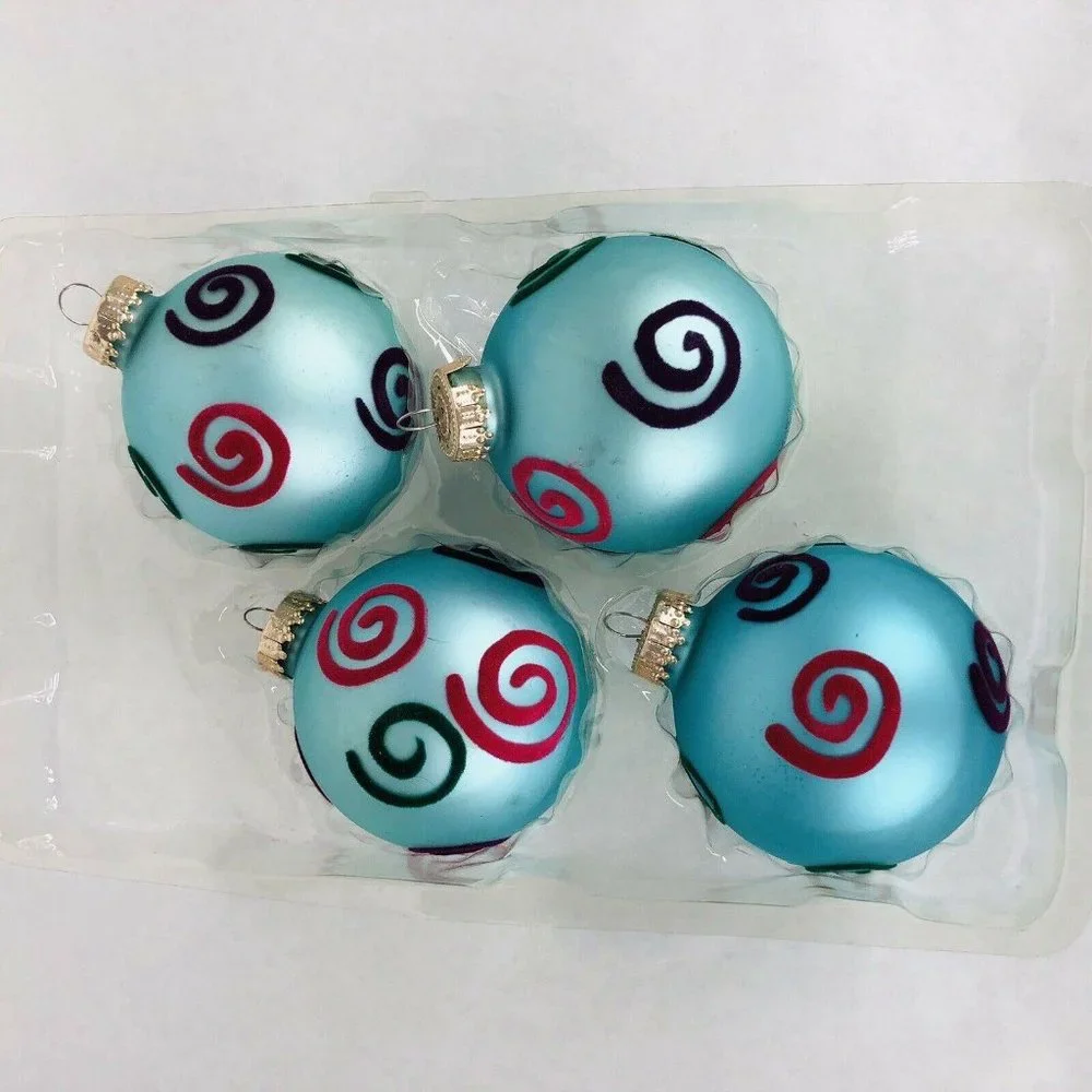 Christmas By Krebs‎ Glass Ornaments Turquoise Blue With Flock Design 4 In Box